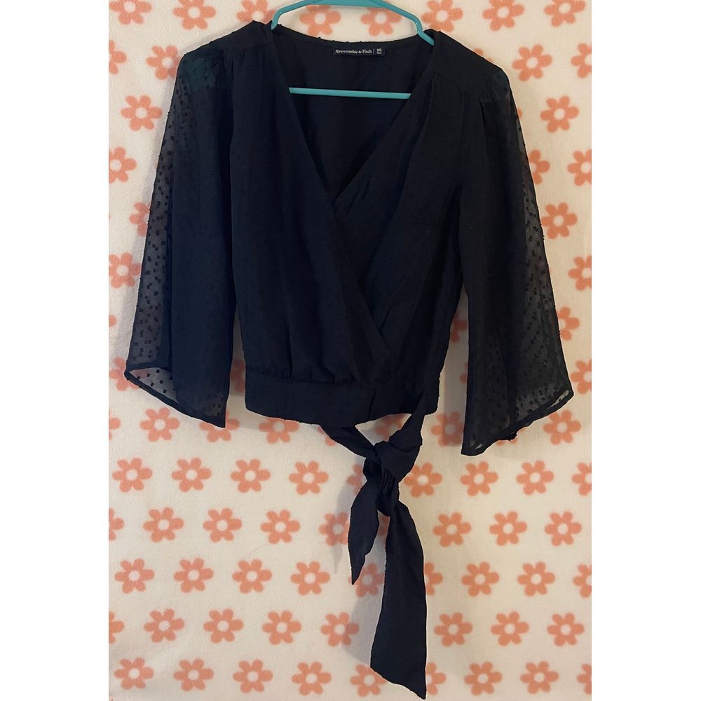 Abercrombie & Fitch Black Wrap Top Sheer Sleeves Tie Front XS